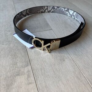 Calvin Klein Reversible Black and Snakeskin Belt with Gold Buckle